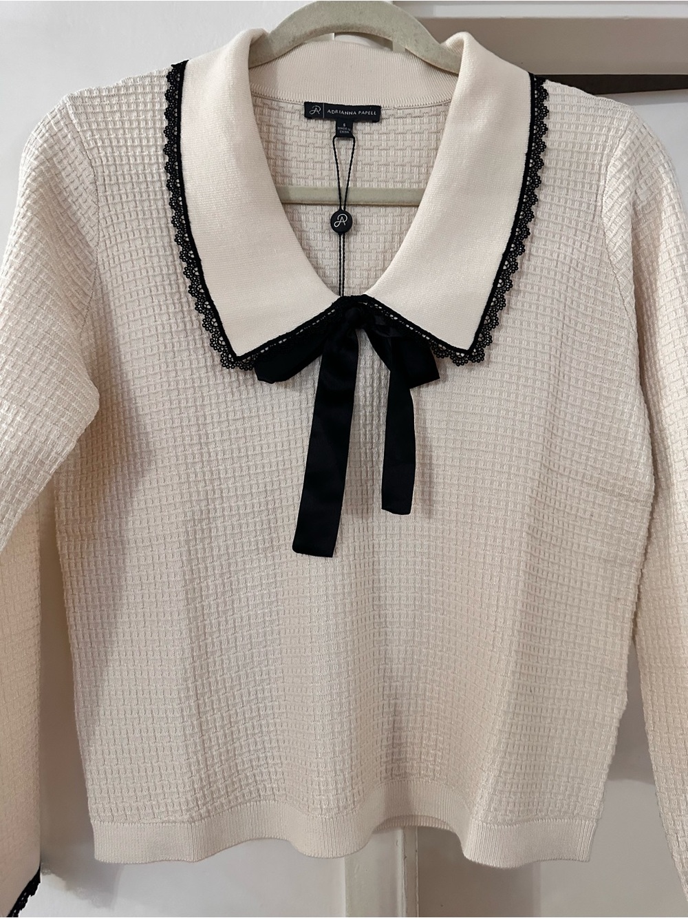 Adrianna Papell Cream Knit Top with Black Lace-Trim Collar